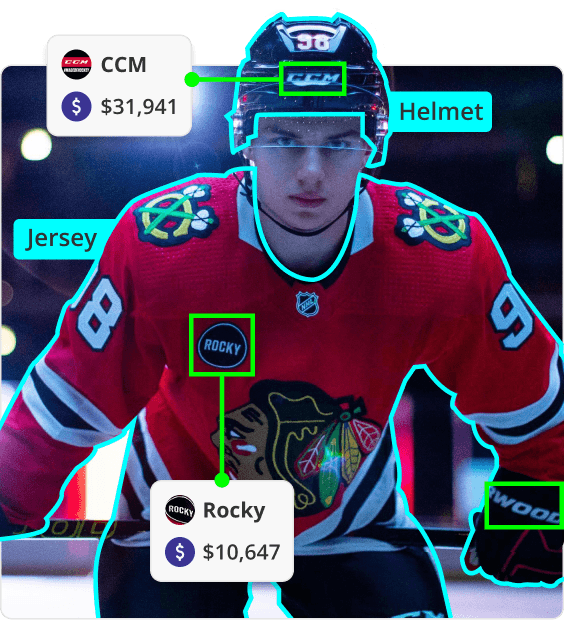 Hockey player photo annotated with detected sponsor logos, segmented helmet and jersey, and the value of each logo placement